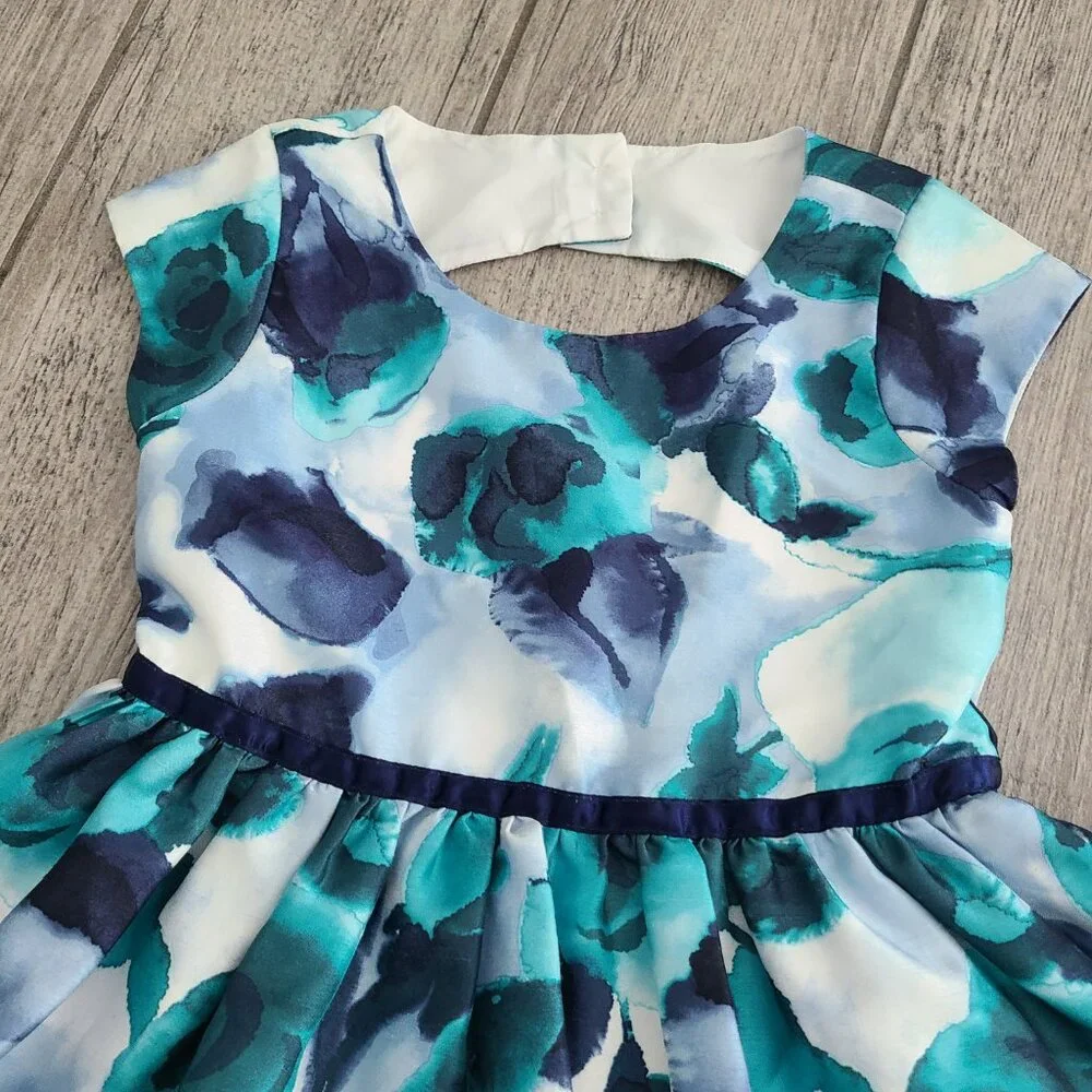 Gymboree Dressed Up Watercolor blue and teal floral party dress girls size 5